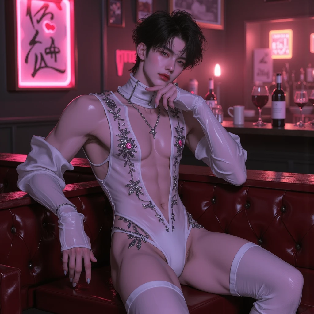 handsome 28 years-old man, strong and athletic body, pale skin, ((purple long hair)), piercing on his nose, piecing on his lower lip, ((naked)), ((big hard cock)), tattoos on his arms, laying in bed naked, red sheets, flirty, seductive, confident