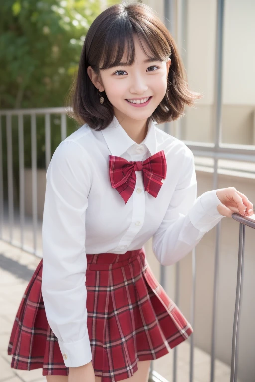 (((masterpiece))), (((Full body photo))), (One beautiful Japan girl, Innocence,kawaii) ,超A high resolution, Realistic, ultra-detailliert, 8K,top-quality, Extremely detailed, Detailed background,A slender,very beautiful japanese girl, Detailed face:1.3), (Bery short hair,Cute Hair Ornament,A dark-haired :1.4), (a baby face,kawaii系,adorable 14 year old girl), (Perfect body:1.1), (White shirt,Red Check Ribbon,Red plaid mini skirt、Dark blue high socks、lowfers), On the lawn of the park,ask for a smile,Please show me your beautiful teeth,((Focus on the crotch,The skirt is rolled up、Panties are visible)),Looking back、sexy pose,rosy cheeks,Super Detailed Face、Detailed lips、A detailed eye、small gravure idol,Transparent skin、Lolita,japanese hight school uniform,Shade,Under a big tree,Photorealistic:1.37,no-makeup,Neutral Lighting,((posterior view))、Looking up from the ground