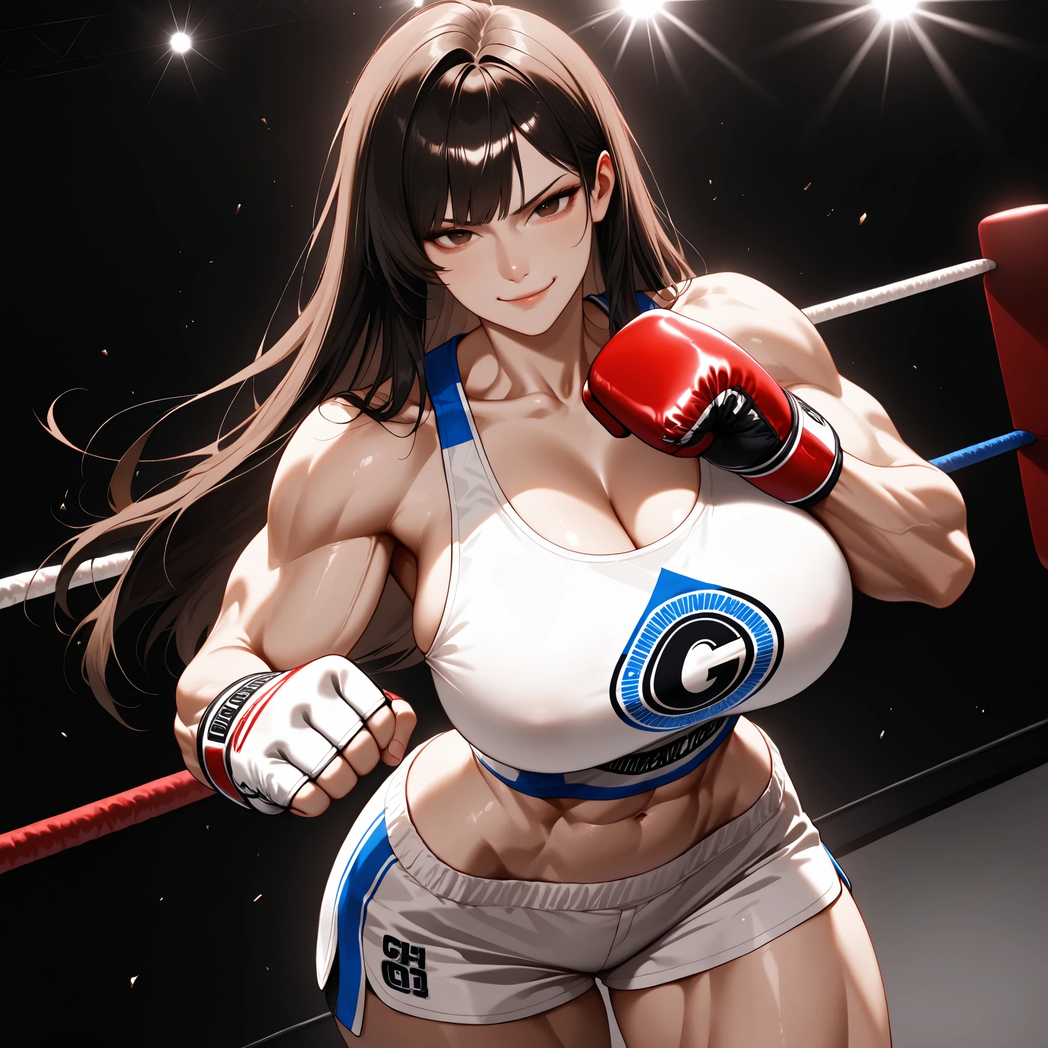 (best quality:1.2),(Big Breasts).(Muscular),(Fighting Pose),whole body,High leg,Age 25,Thick lips,Grim expression,side ponytail