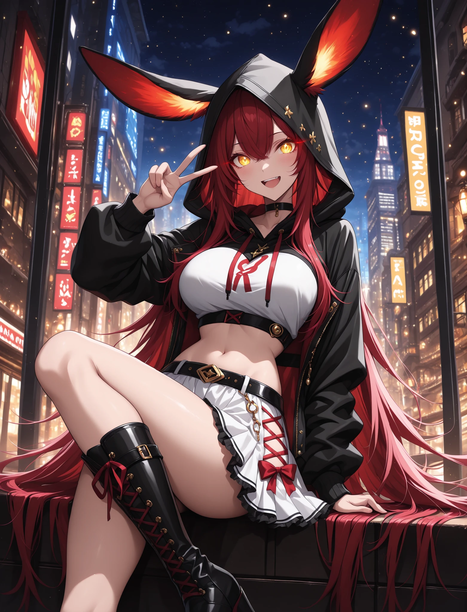 glowing eyes, rabbit ear jacket, crop top, hood up, bow on chest, mini white skirt with , laced skirt, knee high boots, 1 girl , golden eyes , very long hair , long sidelocks, red hair , petite , very cute , beautiful ,Straight hair, cool, handsome, hair between eyes, mediumlarge breast, solo,detailled reflections of light, lights particules, detailled background, city, masterpiece, anime style, lots of glowing particles,((4k,8k,Ultra HD)),((Masterpiece :1.2)),((Best quality :1.2)),((Detailed :1.5)),((Detailed background :1.5)), happy, jop, v, scenery, open mouth, dynamic pose