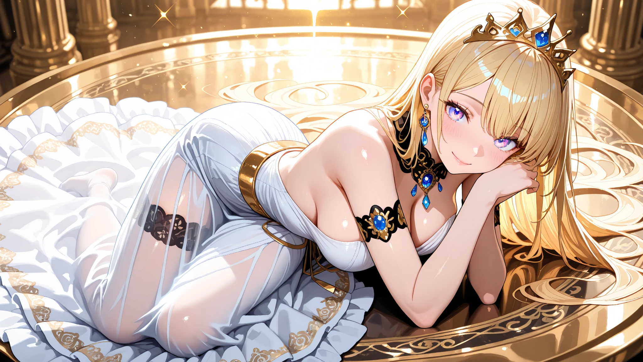 hide behind a lace curtain:1.2、silhuette:1.2、front facing、I can only see your face、Particles of light:0.5、（Sexy belly dance costume with white beautiful and luxurious decoration:1.5）、（(Luxuriously detailed gold bangles and ankle rings）（Luxurious gold necklace with large jewels）（Gold Circlet）（lace white veil）（falling white petals:1.2）