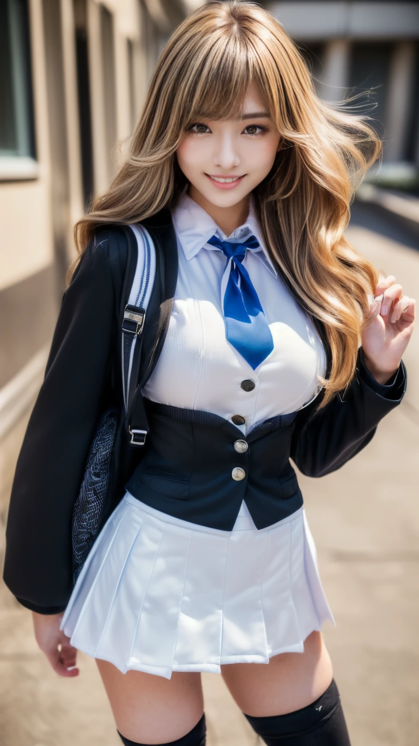 voluptuous body, beautiful face, photogenic , 3D, Blazer uniform, long blonde hair in curls, hands raised, schoolyard, lips, high school student, schoolyard, school uniform, real, shiny skin, beautiful delicate face, beautiful delicate eyes , Mini Skirt , Multiple People