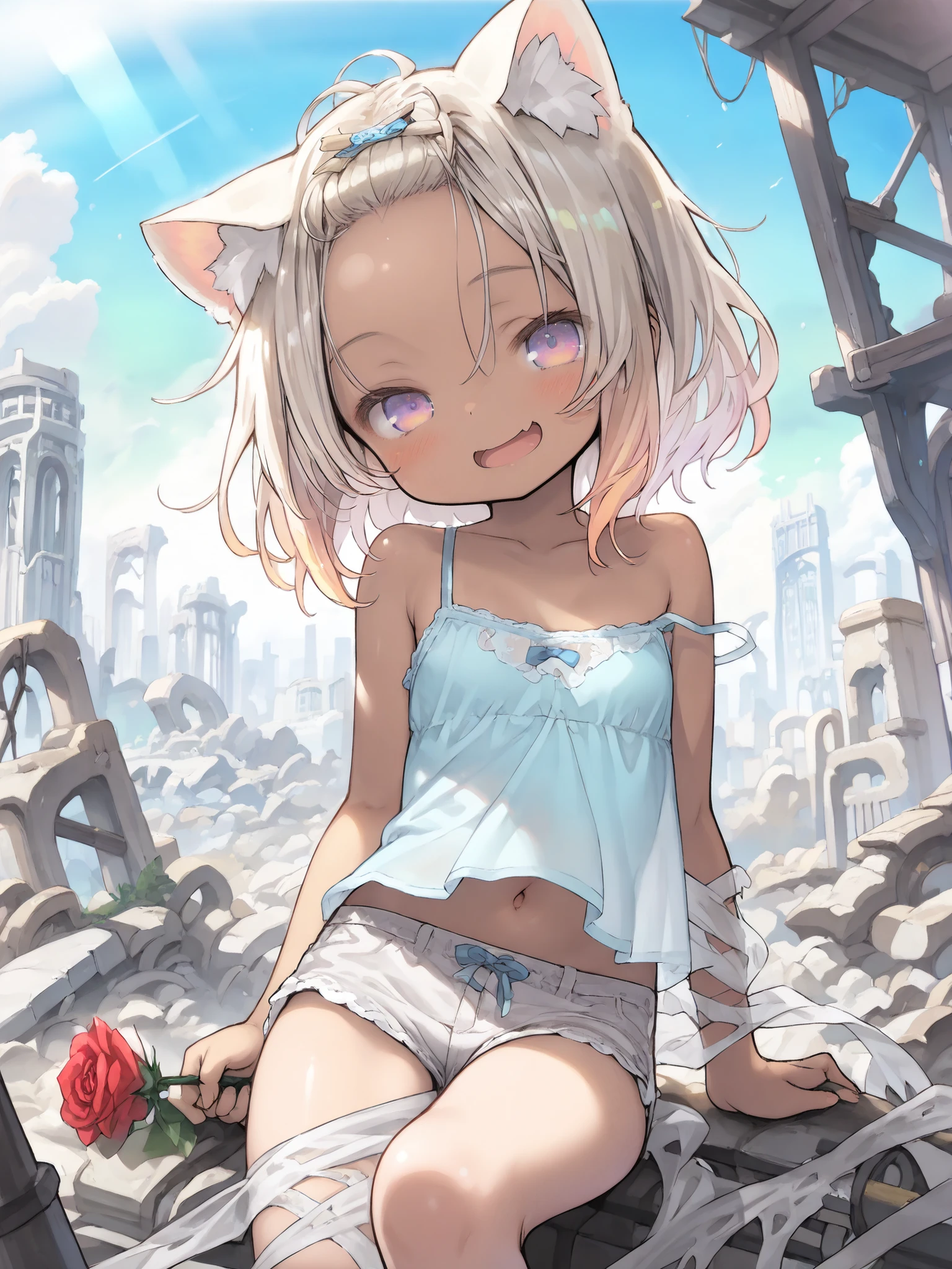 ((Tsukushi Akihito style)), ((Masterpiece)), ((best quality, very aesthetic, absurdres, newest)), (wide shot), (8K), (cinematic lighting), ((1girl)), (cute young girl), (Healthy body, Textured skin, small breast, tilt head), ((brown-skin)), (medium hair, blonde hair, gradient hair, Pastel colors Hair Tip), (bangs pinned back, cute forehead), Beautiful collarbone, ((loose blue camisole, Silk Fabric camisole, strap slip left only, cute navel)), (thin white short shorts), (seductive smile, open mouth, blush), (Cat ears), BREAK, big eyes, (pale purple eyes, gradient eyes), (cute cheeks), (cute cheeks), glossy lips, pouty lips, lower eyelashes, (holding red rose), Stylishly sitting on the pile of rubble, summer day, (the Decaying ancient ruins cityscape), Beautiful cityscape Background, (morning), by Tsukushi Akihito