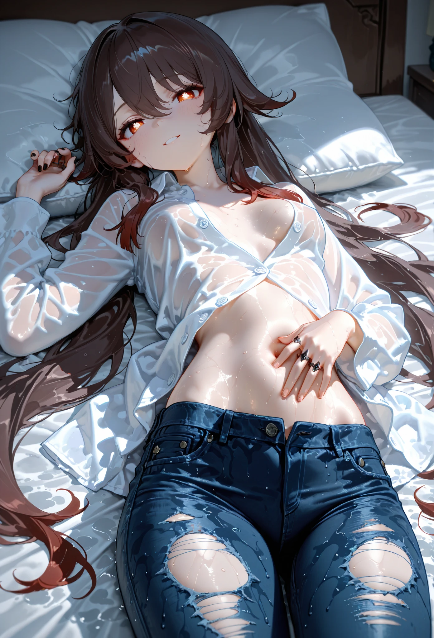 Brown hair,photorealism, masterpiece, wavy hair, open mouth, teen, small bust, highly detailed, offshoulder,1 girl(realistic:1.4), best quality, ultra high res,
4k, instagram,
higly detailed,
1 girl,
(pajama:1.4),
long hair, bangs,
black hair, black eyes,
at the bed,
Open mouth, shy look, lying on the bed, water, highly detailed, navel, belly button, cute face, 21 years old, innocent