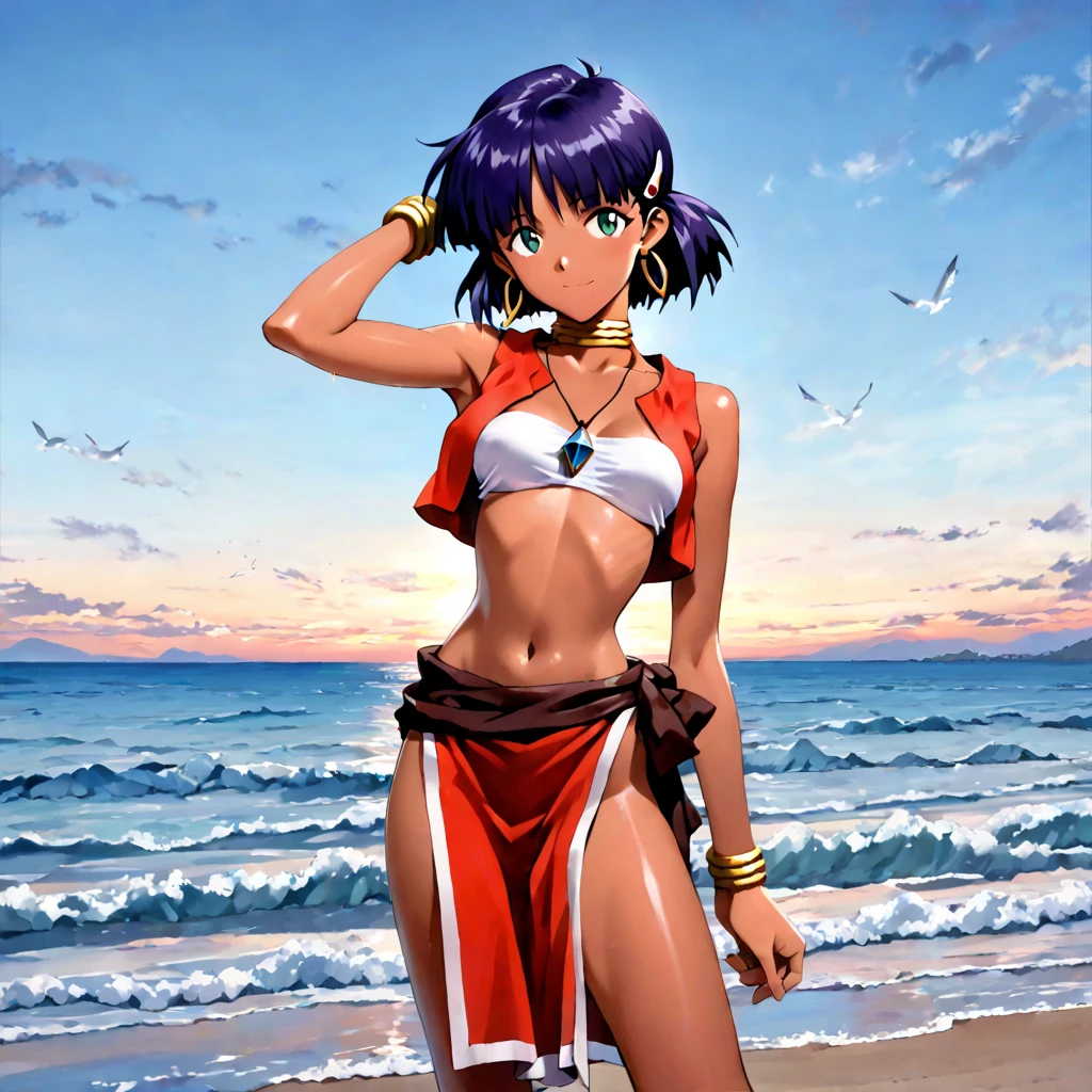 (best quality:1.3),(ultra-detailed:1.5),high resolution,extremely detailed CG,unity 8k wallpaper,official art,detailed,super detailed skin,perfect anatomy,beautiful detailed eyes,(anime screencap:1.1),an extremely delicate and beautiful,90s anime,90s anime style,cel shaded anime,1 girl, ((nadia la arwall:1.52)),(anmnr,evangelion anime style:1.37),((black skin,fine skin,dark purple hair,white bandeau swimsuit,red vest,Gold collar,Necklace with large light blue gemstones:1.52)),full_shot,smile,seaside sandy beach, (shining eyes),highly be familiar with eyes,highly be familiar with eyes,focus of the eye,(Carefully crafted brilliance, sky blue lens flare:1.7),(expression of joy:1.51),octane rendering,rainbow paint drop,Woman made of paint,Full Paint,(movie background),splat,splash,dark and blurry background,close,(best lighting, very delicate and beautiful),Detailed beautiful shine,(soft light:1.2),(Soft Money tone lighting),Warm and soft lighting,dramatic light,((cinematic light)),ambient occlusion,ambient light,violently,powerful,Absolutely eye-catching splashes of color,((caustic)),raytraced reflections,light shines,waiting for happiness to begin,dutch angle,