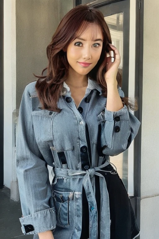 Generate a masterpiece, high-resolution image portraying Zendaya in an incredibly detailed solo cosplay as Hinata Hyuuga from the Naruto series. Focus on capturing Zendaya's stunning face and body with meticulous attention to detail, including her dark blue hair styled in a straight, layered cut that symbolizes cultural significance. Emphasize Zendaya's large and flawless breasts realistically, avoiding explicit content. The cosplay attire, featuring the sleeveless outfit, fishnet top, and unzipped jacket, should be faithfully represented. Ensure the scene depicts Zendaya in a bedroom setting, standing with a subtle blush. Prioritize an output that maintains Zendaya's real and flawless body features, incorporating the provided details such as height, weight, face specifics, and overall body size.