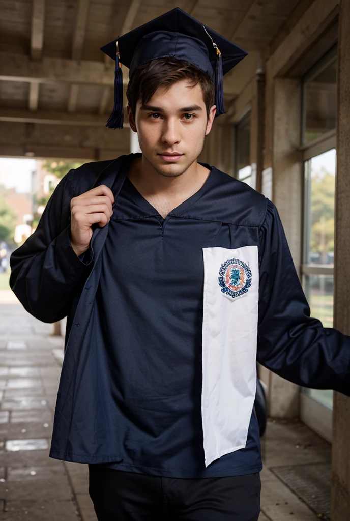 animated in a classroom, estudiando, con uniforme polo color plomo, short azul, sentado