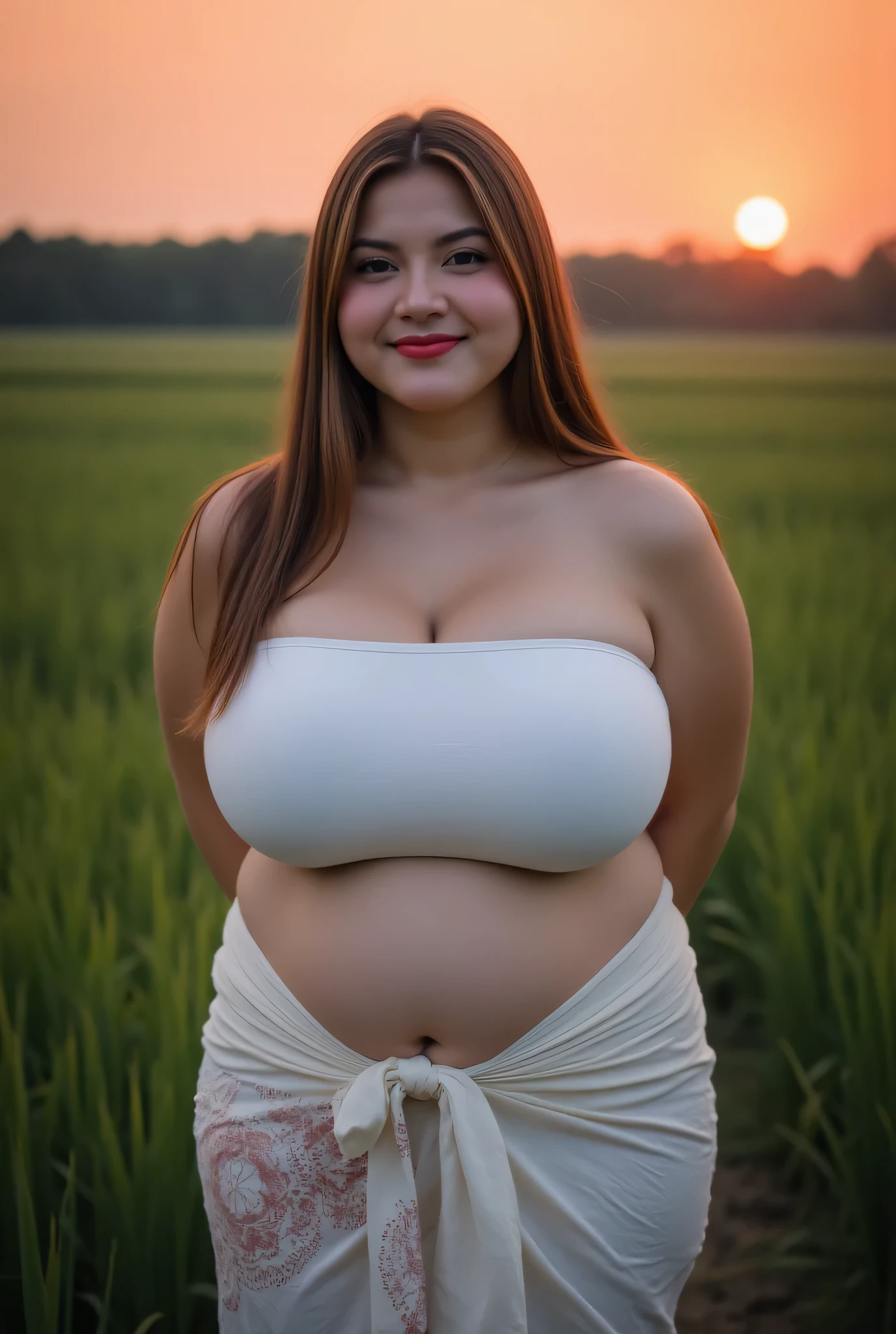 Beautiful woman, chubby woman, cleavage, wear stylish and design hot and sexy white color t-shirt and skirt, sitting in farming field alone (afternoon time), sitting & model pose, fat body, masterpiece, ultra realistic,detailed, 16 k , Film type light, potrait photography, camera angle front, looking at viewer