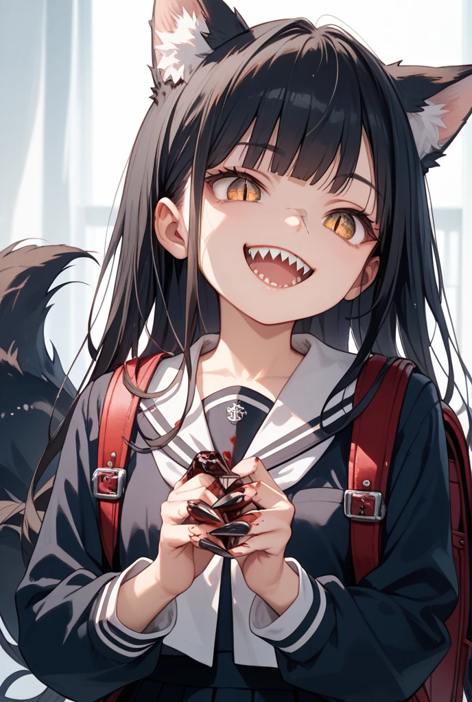 1 girl, solo, Nayuta (chainsaw man), black hair, x hair ornament, long hair, hair ornament, orange eyes, looking at viewer, long sleeves, dress, uniform, smile, ribbon hair, closed mouth, shirt black, hair between eyes, traditional media, (giving half a finger)