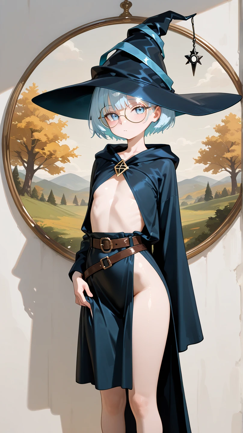 A girl with Blue hair, (Pale skin), thin body, wide hips, ((a lot of pubic hair on her pussy)), a collar around her neck, ((Heterochromia)), a cloak-style cape, ((small breasts)), Witch's hat, Tight long socks, (High quality, high resolution, 4k texture)