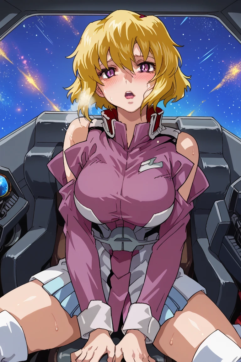 <lora:CrossAngeRondo:0.6>, CrossAngeRondo, Angelise, solo, looking at viewer, large breasts, brown hair, gloves, cleavage, bare shoulders, sitting, closed mouth, sky, pink eyes, cosplay, clothing cutout, bodysuit, headphones, frown, cleavage cutout, star (sky), mecha, headset, science fiction, serious, mecha musume, pilot suit, space, power armor, cockpit, koizumi hanayo, kunikida hanamaru