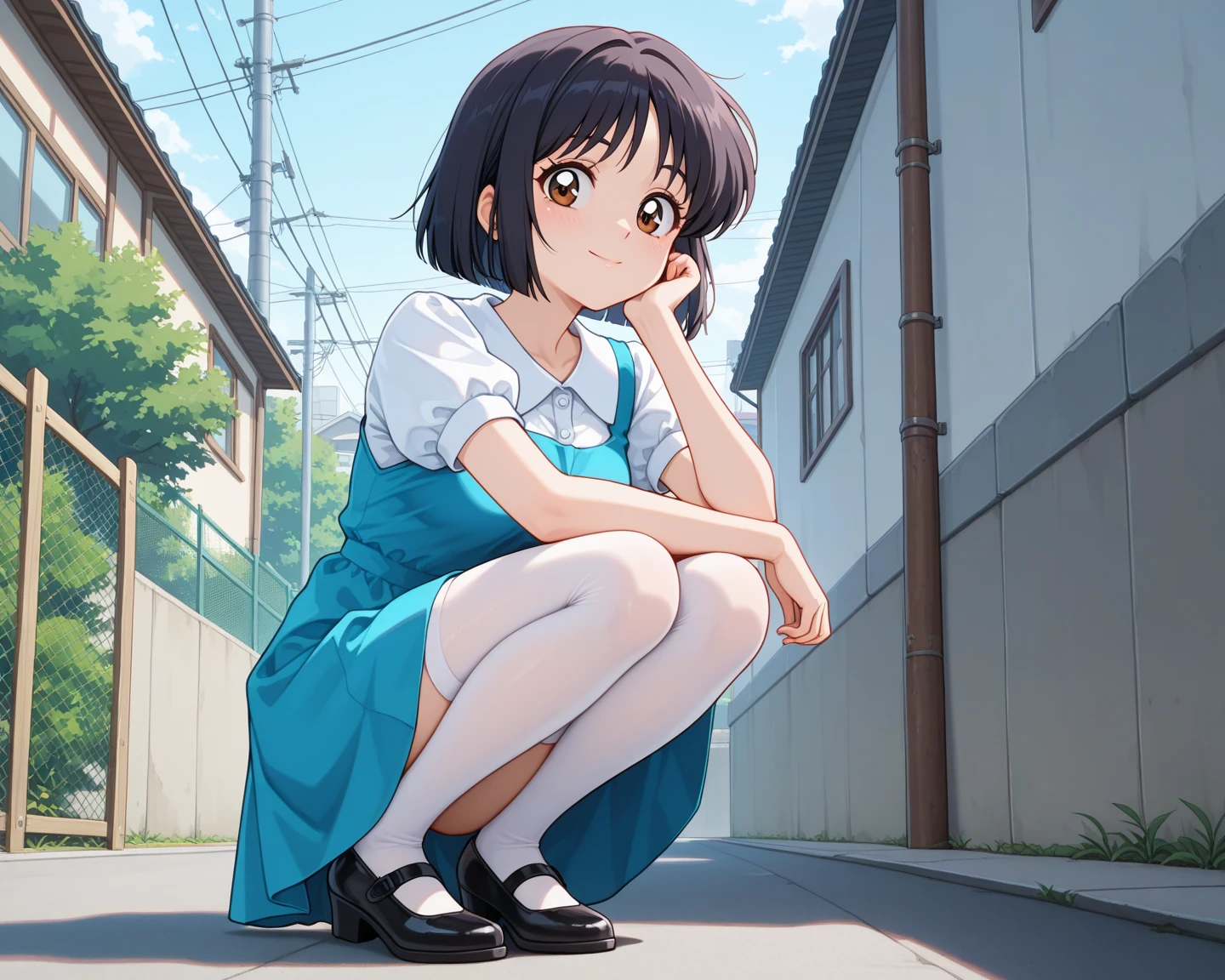 highest quality, Ultra-high resolution, (Realistic: )2D official style cel animation,((Sitting Girl))Grey mini skirt,Summer Shirts,(Lace panties),loose socks,sneakers,Full body portrait,(chiyoko sonoda),Station stairs,sunny,Embarrassed face,from the front
