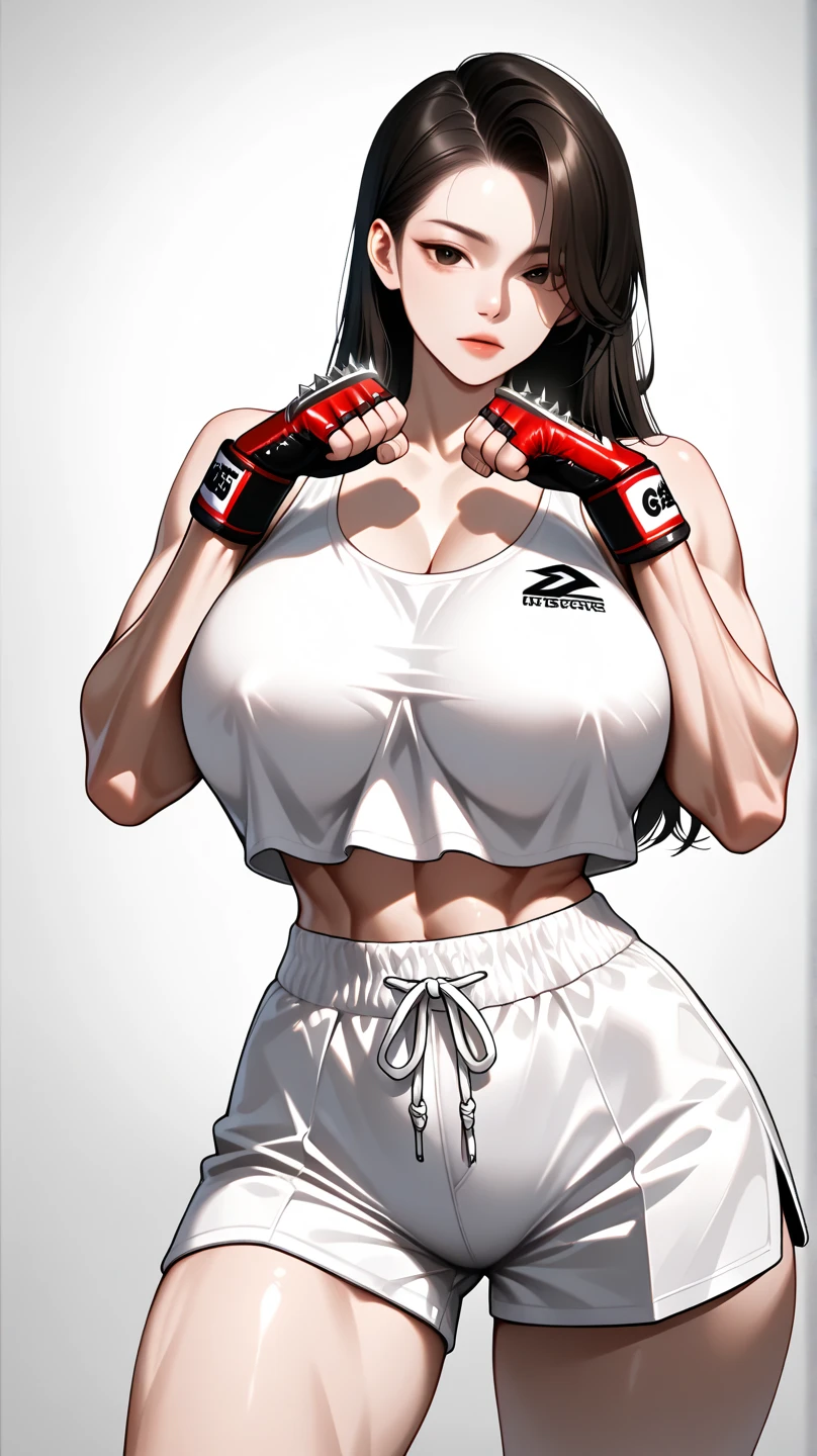 最high quality, high quality, 8k、High resolution,Highest quality、high qualityなアニメ、professional boxer adult female、Plump、Thick thighs、from the front、solo、He is wearing red boxing gloves on both hands.、Black Hair、Dark Eyes、White tank top、White shorts with red stripes、Joyful smile with open mouth、Dense deep forest background