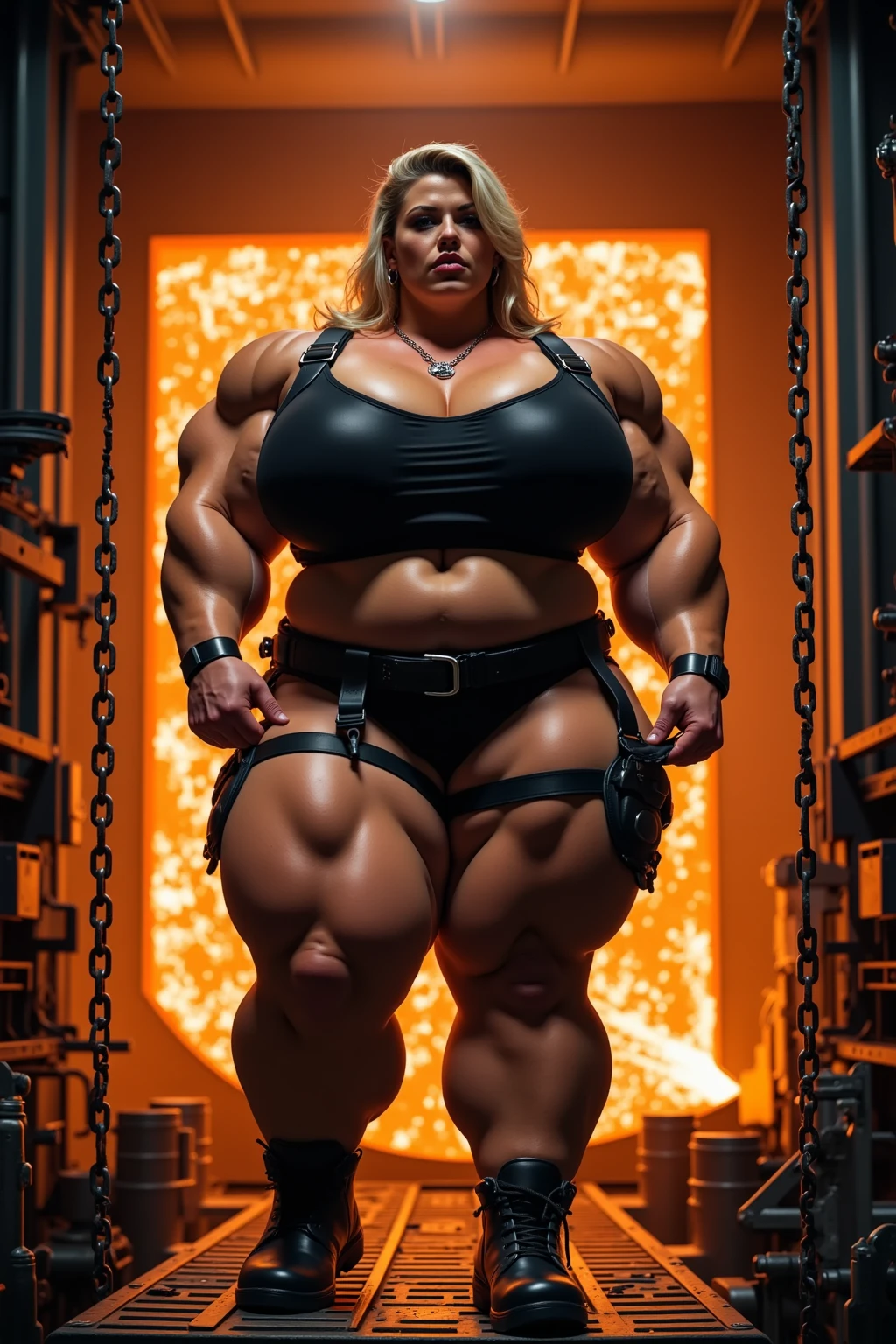 (best quality,highres:1.2), (ultra-detailed), (realistic:1.37), (HDR,UHD), (physically-based rendering), (busty mature muscular Denise Milani), beautiful supermodel face, ((black leather pleated skirt:1.3)), ((black leather bra:1.3)), ((short stiletto-heeled combat boots)), (short, straight jet-black hair:1.3), ((firm breasts, deep cleavage, perfectly round breasts)), ((slim waist, hourglass figure)), ((thicc)), ((thick thighs)), ((huge calves:1.5)), ((wide calves:1.5)), ((beautiful large green eyes):1.3), (intimidating pose in a boxing ring), (full-body portrait), (vivid colors), (fishnet stockings, thighhigh fishnet stockings:1.3), (hot red lips, makeup:1.3), sexy fighter, prominent breasts, rock solid breasts, (full body portrait:1.3), big_boltedontits, boltedontits, th3p1t, sakimichan,