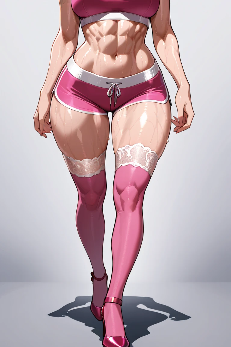 masterpiece, best quality, highly detailed, 8k, (pure grey background:1.2), anime, (2D:1.1), (1girl:1.2), 30-year-old mature woman showing off her body, (athletic body:1.2), abs, (muscular:1.2), beautiful face, (long legs:1.2), short pink hair, big breasts, wearing pink stockings, wearing pink thigh boots with high heels, slender waist, tight butts, opening mouth, korean idol, (full-body image:1.2)