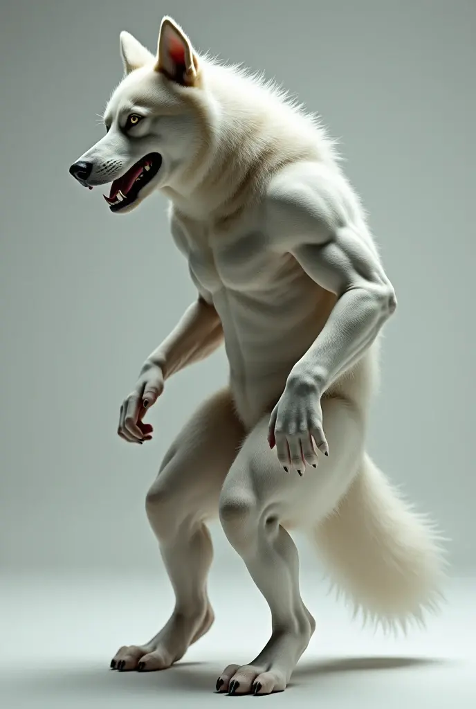 the sketch of a werewolf with human features stands up and has short legs, 1boy, solo, male focus, monochrome, greyscale, claws, underwear, grey background, leg hair
