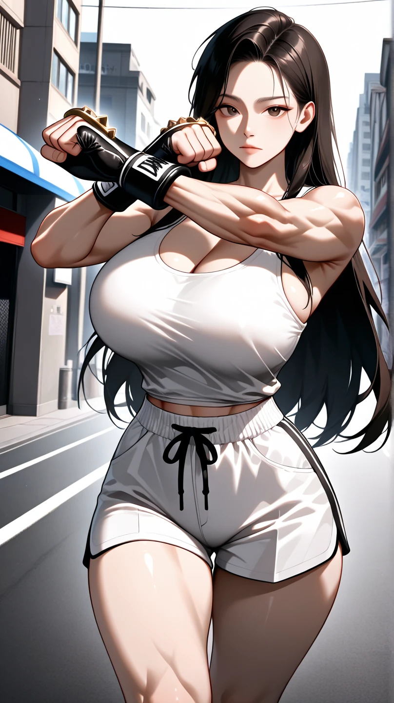 (8k, best quality, masterpiece:1.2) (realistic, photo-realistic:1.37) (full body) 1female solo girl, standing, legs apart (wide stance) standing contrapposto, ultra-detailed, cute (Tifa Lockhart) (large breasts:1.5) (beautiful detailed eyes) (smile:1.2) (closed mouth) sharp focus, depth of field, good composition, Final Fantasy VII, very long straight hair, hair bang ((red_eyes)), intricate, bokeh (Tetsuya Nomura style) perfect breasts, white tank top, black thong, suspenders, gloves, stockings, toned body, athletic, wide hips, thin waist, toned arms, exposed abdomen, view from behind