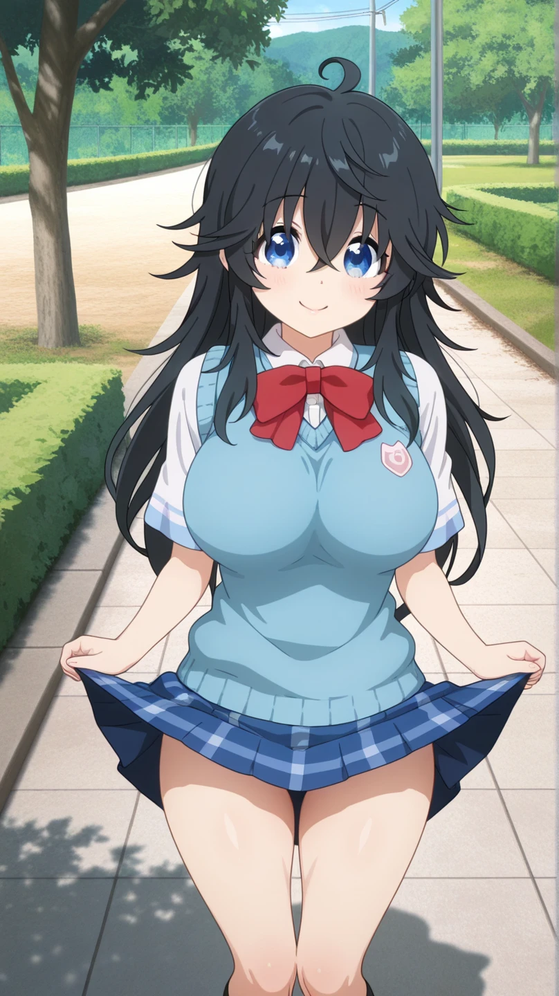 Without skirt、In underwear、Stripes々Underwear score_9, score_8_up, score_7_up, BREAK source_アニメ,best quality, masterpiece,アニメ screencap,source_アニメ,(ai-generated:0.8),
best quality, wery aesthetic,absurdres,
otmn,1girl,独奏,
pwk hair,
large breasts,
smile,happy,w,
white shirt,,short sleewes, red colored pleated skirt, green colored bowtie, white thighhighs,
spoken heart,
standwg,wawwg,
w school,Panties - Fully visible、Stripes々Panties
、Without skirt、In underwear
