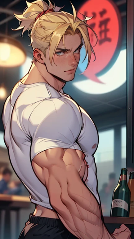 oil painting, solo, hot blonde fuck boy in a tight orange thong and white tank top leaning on the door of a brothel in a seedy alley beneath a red light