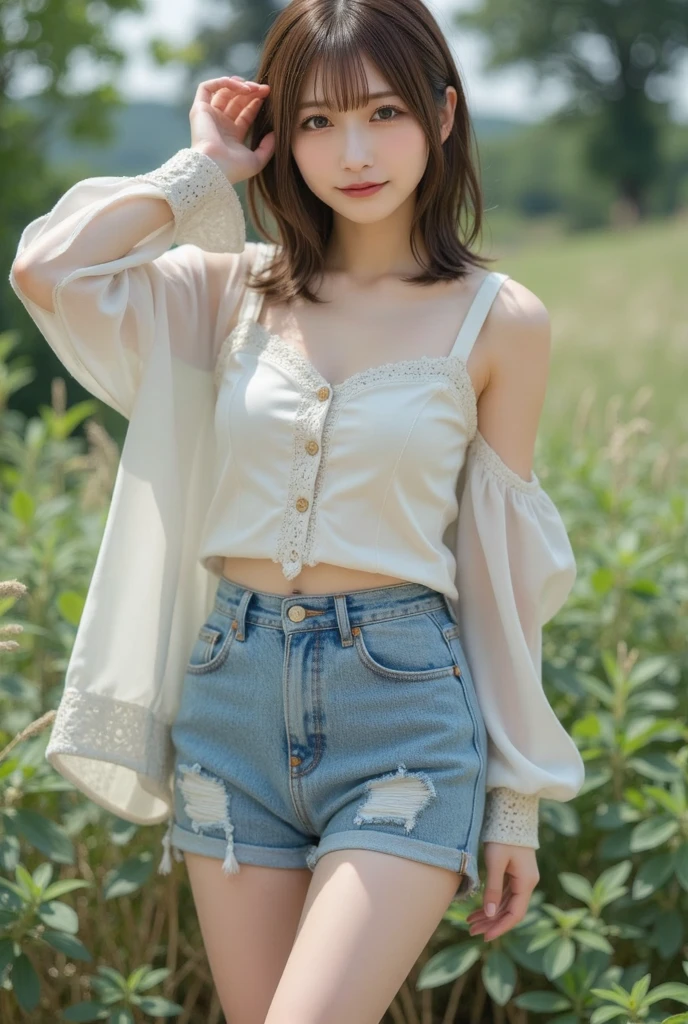 A delicate depiction focused on a full-blown smile"A single female character in a medieval style. She has short, shoulder-length hair. She has a youthful appearance, looking like she is in her late teens, but is in fact 30 years old. She has a bright, lively attitude, with an energetic, cheerful expression. Her face has an androgynous feel, almost boyish, with soft, youthful features. Her hair is short and practical, with a natural brown color. She is slender, with a small  and short stature. Her outfit is practical and resembles that of a country boy, consisting of shorts and a simple shirt, in a natural earth color palette. The background should be a lush, forested landscape. The background should be strongly blurred."