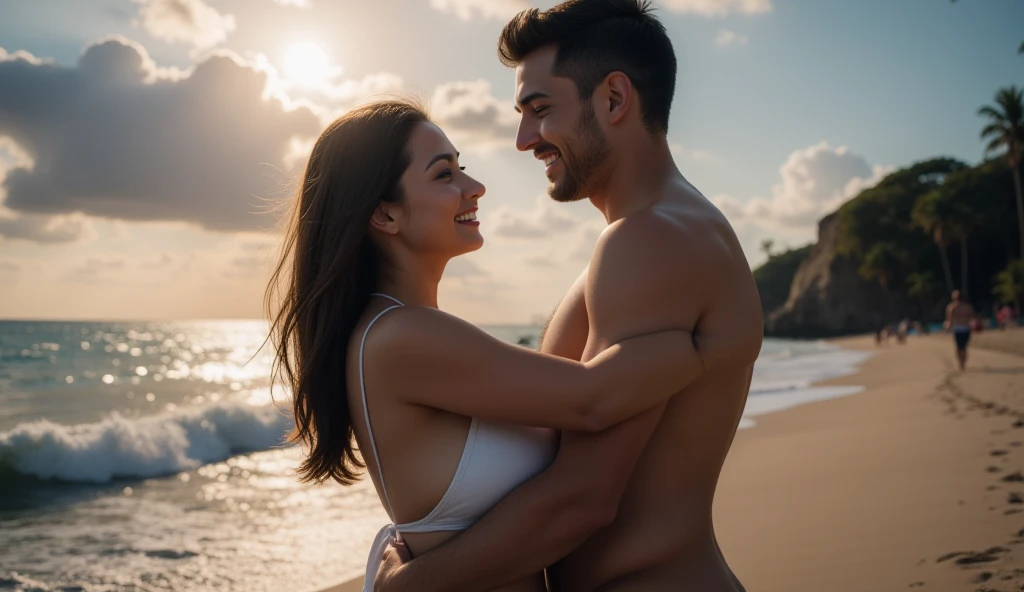 Fat couple shirtless on the beach having sex

