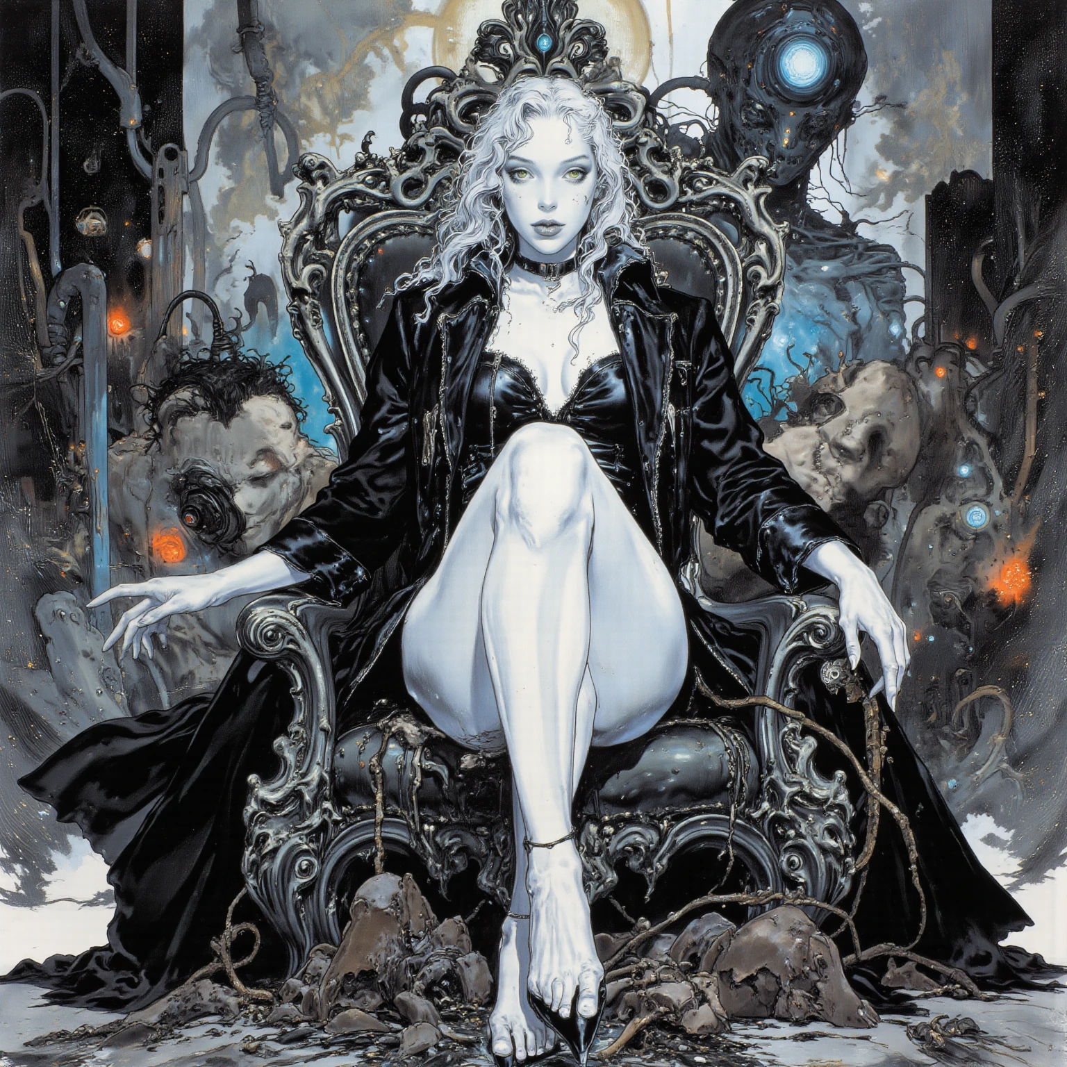 Bold graphic illustration, glowing filigree constellation tattoos, dark fantasy, full body shot of a lovely curvy voluptuous busty white woman on a throne in a enchanted forest