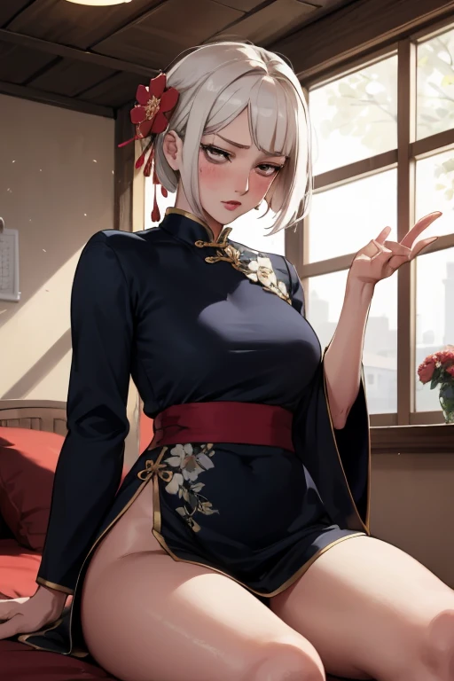 ((Highest quality)), ((masterpiece)), (detailed), the cartoon girl is sitting on the couch wearing a pink outfit, 1girl, 独奏, thighhighs, twintails, pelvic curtain, white thighhighs, double bun, medium breasts, long hair, sunflower hair, blush, blue eyes, looking at viewer, chinese clothes, sitting, spread legs, open mouth, tongue out, naughty face, erect nipples, cameltoe, sweat, dark skin