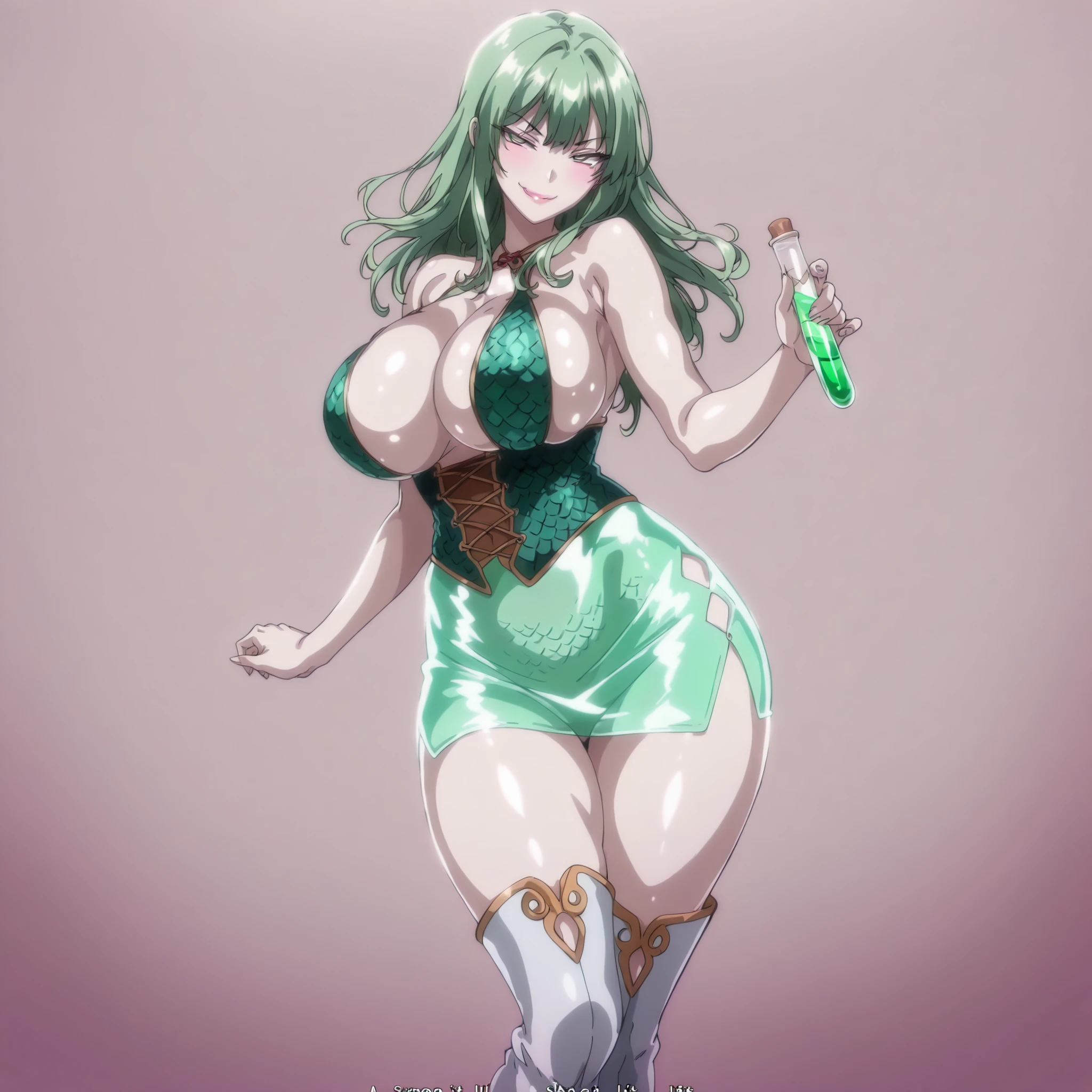 Masterpiece, best quality, absurdes, 4k, 1girl, Übel, from frieren, green hair, side ponytail, bangs, amulet, dress with cleavage, wide hips, busty, small waist, standing in a tavern, seductive smile, from front