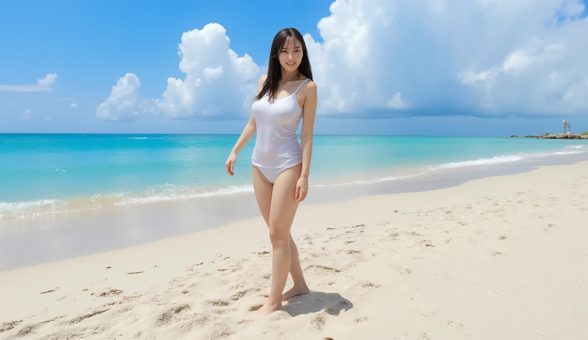 detailed、concentrated、Professional Lighting、very cute、beautiful girl、Japanese、、Braid hairstyles、(Voluptuous body)、Small breasts、(Broad shoulders)、(Big Ass)、(Plump body)、Flexible body、(Completely naked:100)、(Semen-covered body:2)、Full body image、Beach、Stand facing us、smile、Thick pubic hair、Perfect nipples、SLR