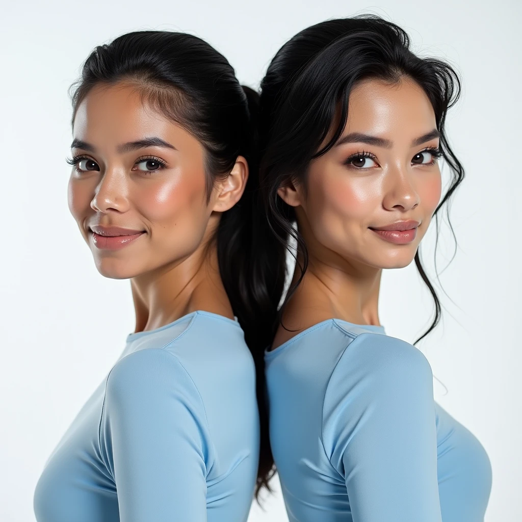 2heads, Extra arms, a woman posing for a picture, blue bra, curvy arms, incredibly beautiful, strong pose, very beautiful, arms to the side, 4 arms and 2 legs!, curvy arms, multiple arms, armpits fused to shoulders, normal hands, slender body, identical faces, korean