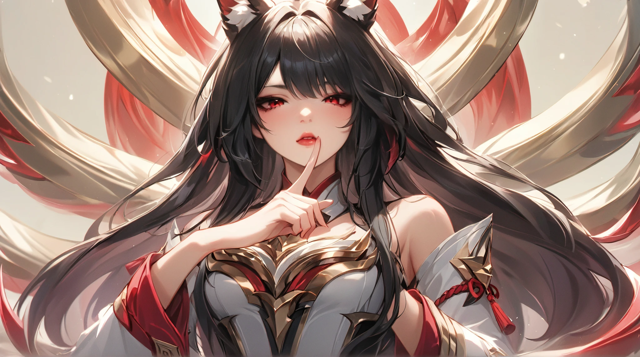 With a serene and omniscient expression, Ahri raises a single finger to her lips in a 'shush' gesture, commanding utter silence