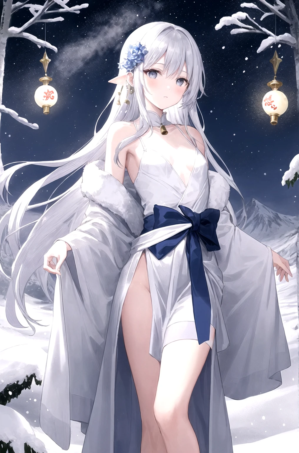 White eyes、Pale skin、White Hair Girl、ghost、snow、(naked、White nipples、White pussy、)snowが降っている、Dark Sky、moon