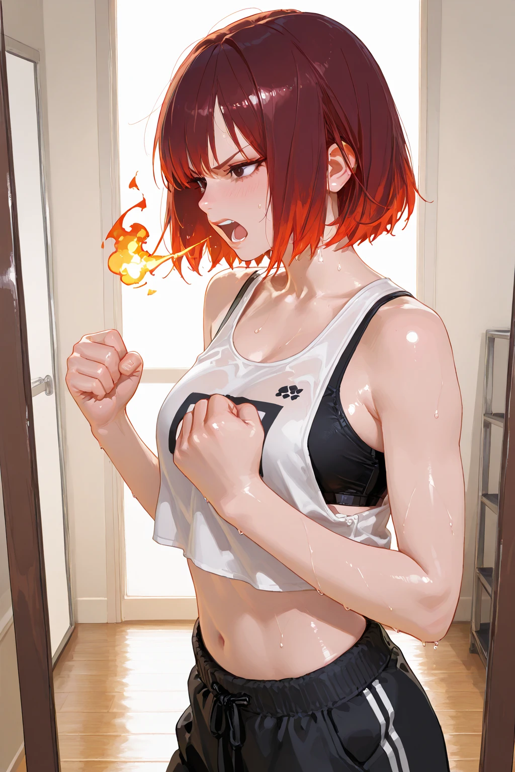 masterpiece, best quality,anime style, 1 girl,(((slender body))), (((small breast))),(((gym uniform))),(((3 monkey grabbing the gir))),((((cum)))), (beautiful face), (((short hair))), (((straight hair))), ((((red hair)))),detailed beautiful skin, (perfect hands, perfect anatomy)