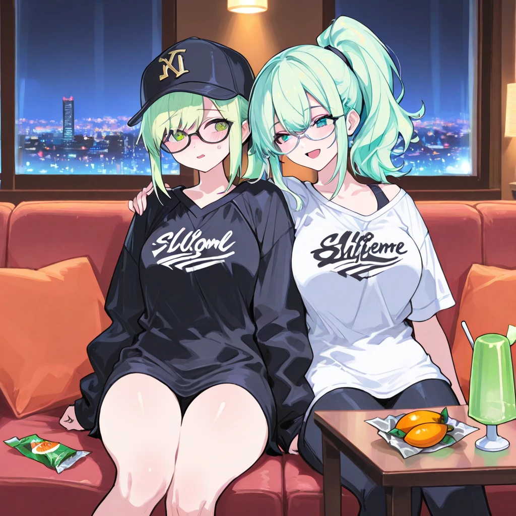 Master, high quality, best quality, beautiful, HD, perfect lighting, detailed face, detailed body, ((2girl)), ((duo)), (((chubby))), ((fat)), ((tummy bulge)), ((((big belly)))), plump, belly, they have gained weight, she is bottom-heavy, short pink hair, (fluffy hair), blue eye, confident smile, smug, green jacket, grey shorts, transparent thigh highs, brown boots, grey finger-less gloves, headphones around the neck, green beanie, glasses, white t shirt, long white hair, (fluffy hair), flowing hair, hair covering one eye, pink eye, smile, turquoise hoodie, orange pants, red sneakers, modern house, inside, living room,