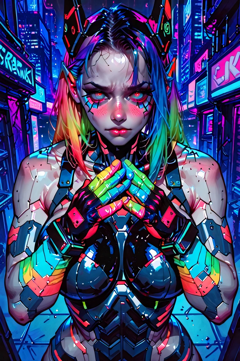 a digital painting of a woman with blue hair, cyberpunk art by Josan Gonzalez, behance contest winner, afrofuturism, synthwave, neon, glowing neon