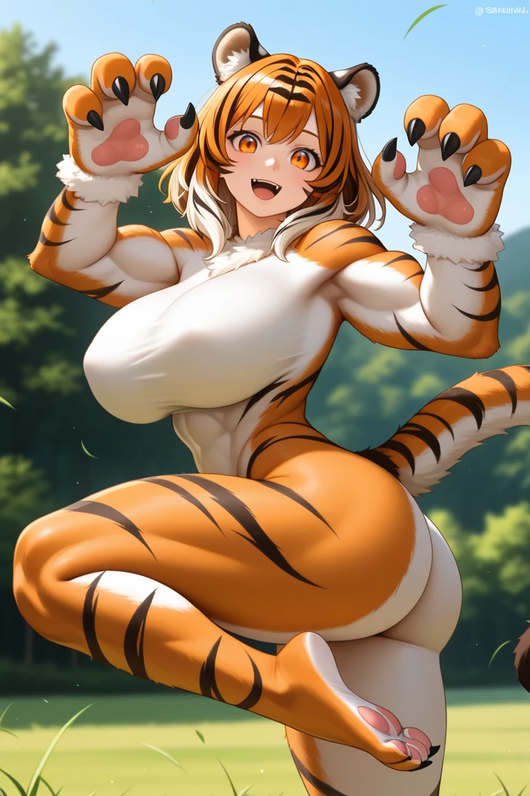 (harayutaka art style:0.7), score_9, score_8_up, score_7_up, score_6_up, uncensored, asuna yuuki from sword art online, orange hair, long hair, orange eyes, fold, BREAK (masterpiece:1.2), best quality, high resolution,(detailed eyes:1.3), perfect lighting, (perfect hands, perfect anatomy), large breasts, 1girl, breasts, animal_print, huge_breasts, swimsuit, bikini, thighhighs, open_mouth, sidelocks, tiger_print, animal_ears, tail, solo, bare_shoulders, cleavage, looking_at_viewer, new_year, gloves, claw_pose, tiger_tail, white_background, collarbone, skindentation, thighs, all_fours, fingerless_gloves, tiger_ears, kneeling,