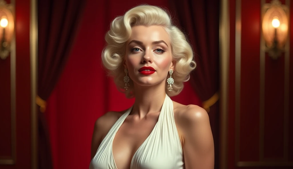 (((estilo romantismo))), Marilyn Monroe nua, vista inferior traseira, ombro nu, Blessed and inspiring look, cinematic lights. latex