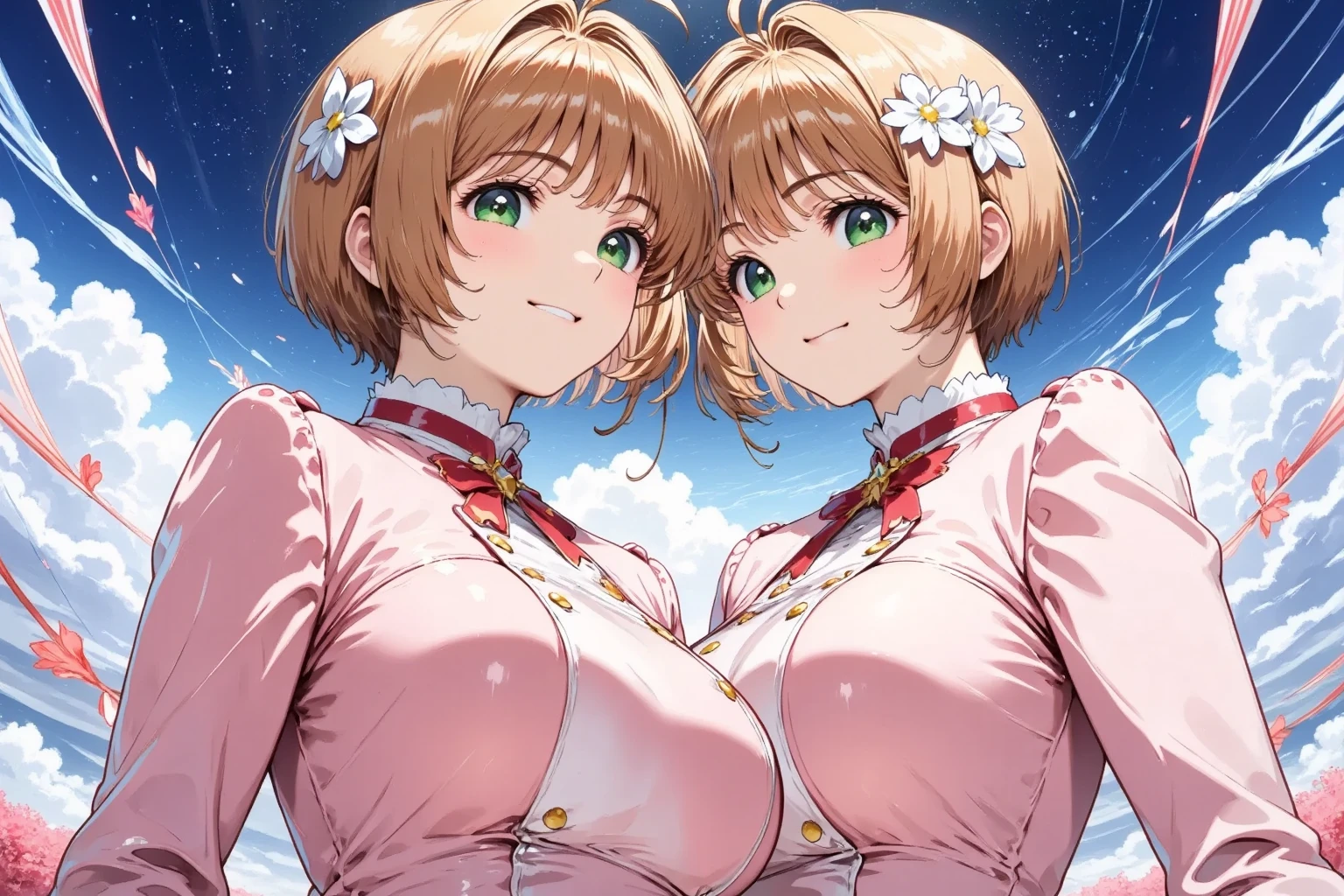nsfw,((Masterpiece)),((high resolution)),((Best Quality)),Anime illustration,((1girl)),(wavy hair),(short hair),(pale pink hair color),small ponytail,Red eyes,(Big round eyes),((tareme)),,((loli face)),ry big breasts)),Sh,,,china dress,blush,I&#39;m very embarrassed,arms up behind,