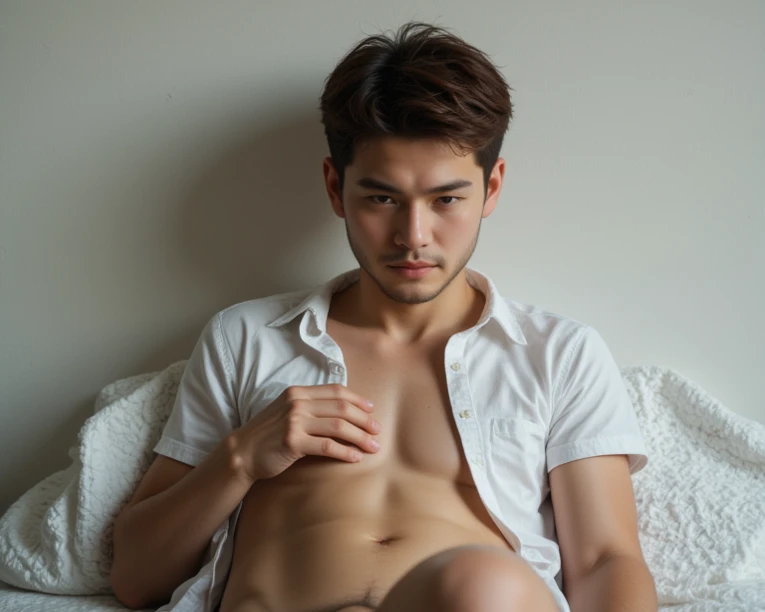 Real-life Photorealism, Raw Portrait Photography
(8K UHD、RAW Photography、Photorealistic Portrait Leica Digital SLR、Lifelike images)、(Portrait of
A Handsome Asian man 35 years old with dandy brown hair、Banker、Turn your gaze to the camera、Gentle smile)、(Very delicate skin、Skin details)、(Wearing a white sexy briefs)、(frontage、full-length, He lay on his back on bed, legs open, ultra highest detailed face, dramatic lighting, dim light, briefs, tight underwear, briefs, tight. With unparalleled attention to detail., His features were clearly visible., This photorealistic portrait combines the style of National Geographic., Capture every detail of his textured skin in 8k resolution. Leica digital SLR. (8K UHD、RAW Photography、Photorealistic Portrait Leica Digital SLR、Lifelike images)