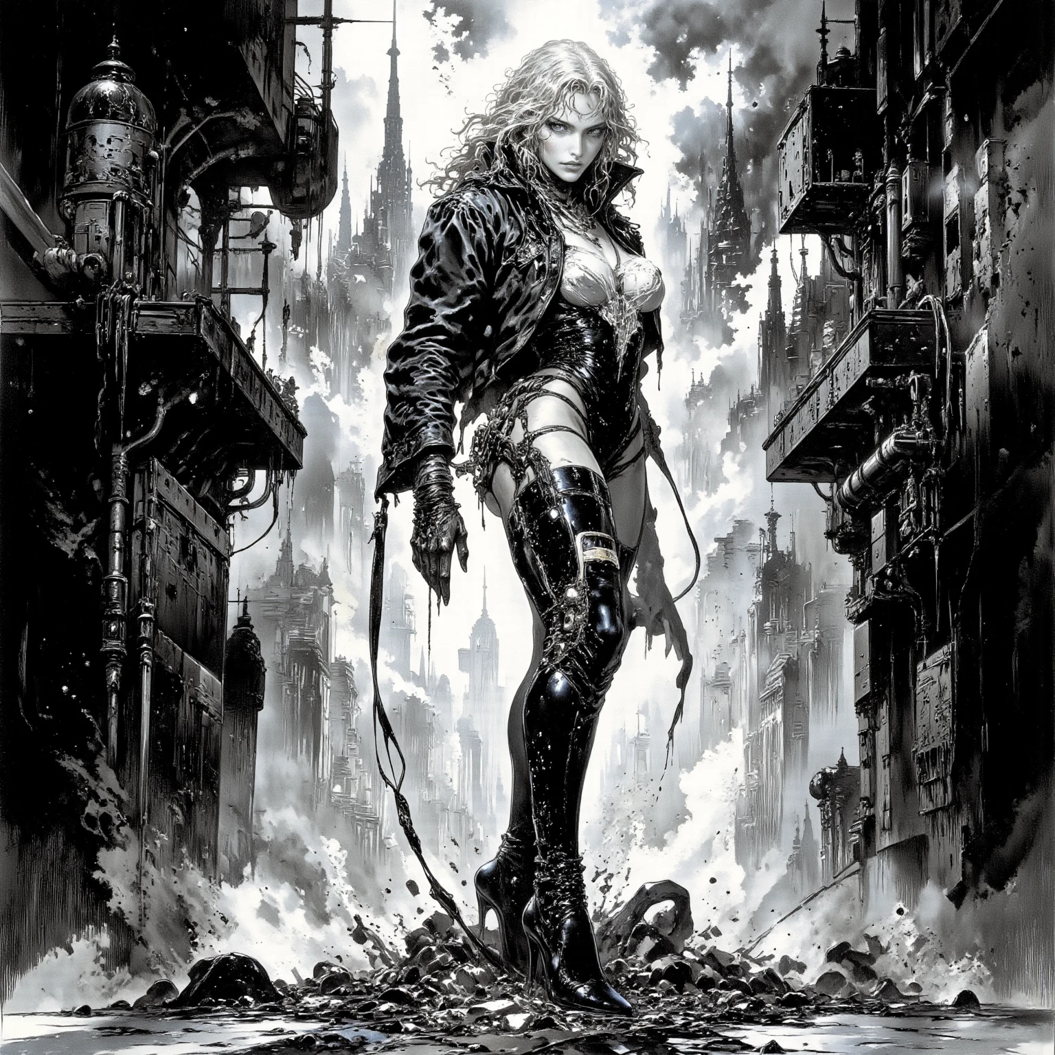 beautiful girl on a motorcycle, cenobite curvy girl, beautiful face, bbw Zombie girl, dark fantasy, leather clothing with spikes, night forest background, background rain with thunderstorm, high quality, 80s style, Luis Royo Style, green smog, green light