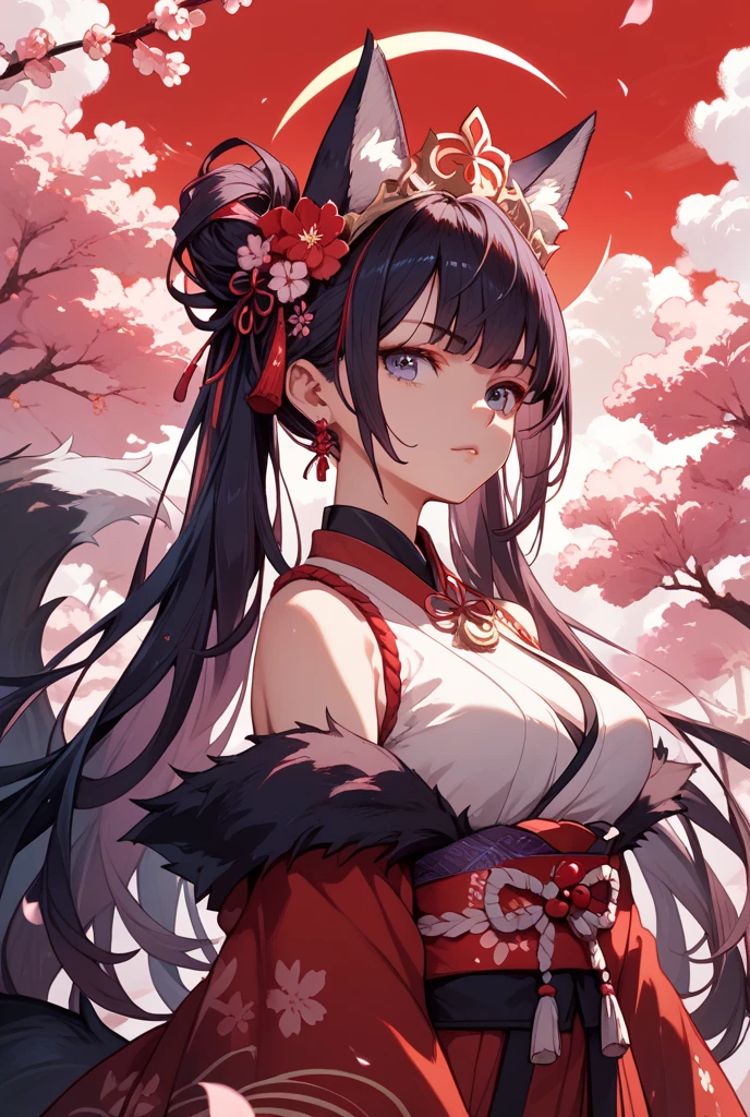 (extremely detailed CG unity 8k wallpaper), (((ultra-detailed))), ((extremely detailed)), (((best illustration))), best illumination, ((extremely delicate and beautiful)), ((an extremely delicate and beautiful girl)), colorful, red sakura trees, park, (((colorful flowers))), ((1 girl, solo)), {{finely detailed beautiful eyes and detailed face}}, sad expression, melancholic smile, long hair, (((black hair))), red eyes, beautiful detailed eyes, mature female, gentle, slender, medium breast, black red fox ears, (black red fox tail), (((intricate details))), (Black and red knee-length kimono dress), medium height black boots, ((black choker with red pendent)), lycoris flower birthmark on neck, lay down, bishoujo, 19_years_old,
