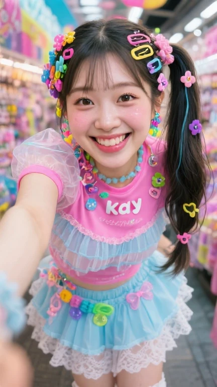 picture of a joyful happy girl with black hair in pigtails and ice cream in her hands