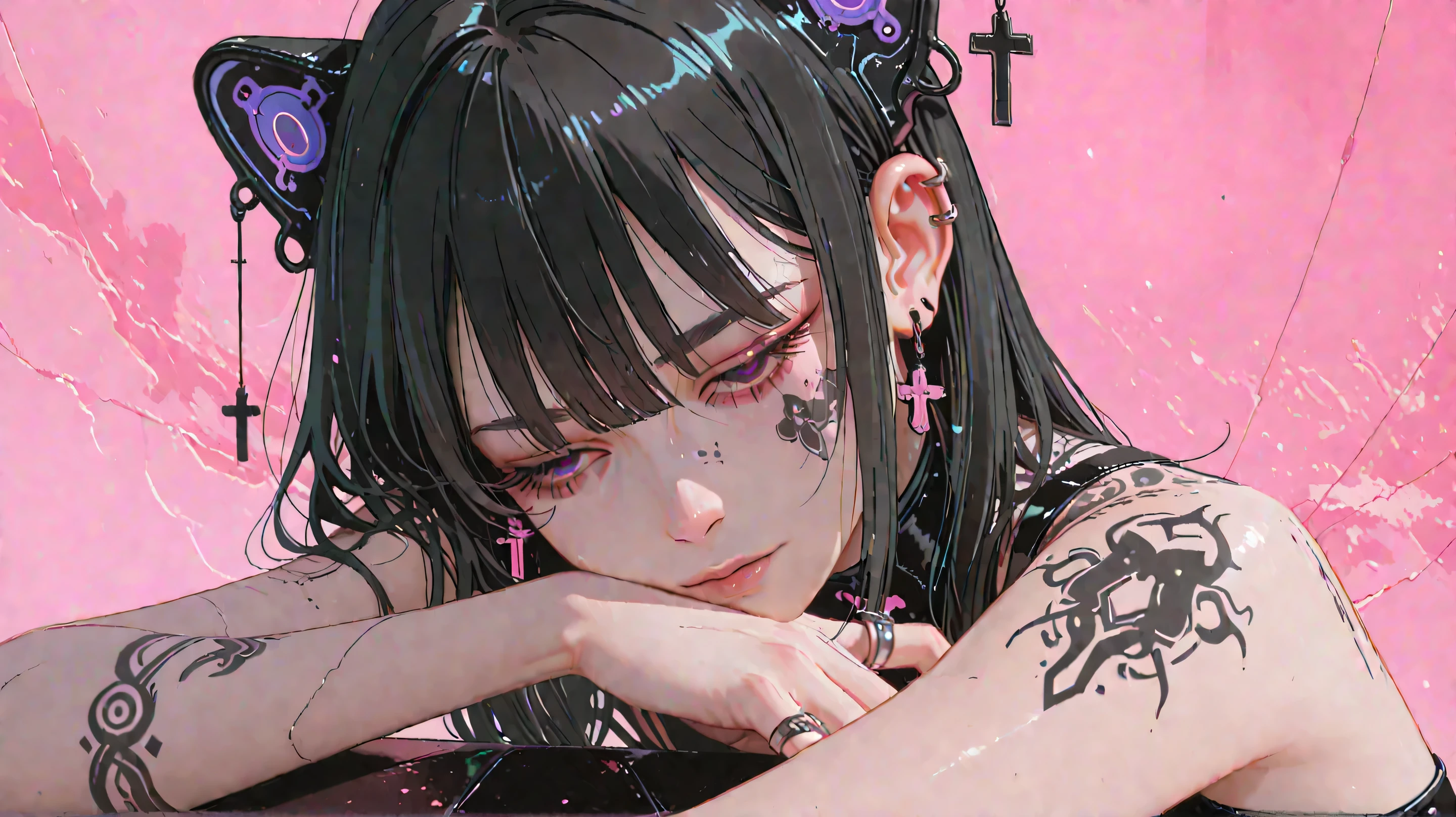 Anime girl drawing:1.4, close-up of woman with tattoos on face and body , long bangs to eyebrows , Dim eyes looking at camera, with long false eyelashes , head slightly tilted up , with multiple piercings ;1,3 , Wearing black leather clothing, with cross-shaped ornaments resembling rings and pierced earrings all over the ears. , , showing bare shoulders with tattoos , pink background, Cyberpunk art inspired by Yanjun Cheng , Flows on CGsociety , Gothic Art, hyper-realistic cyberpunk style , cyberpunk art, cyberpunk style , Realistic High , Beautiful face of cyberpunk girl , Artwork in the style of Shrimp , Cyberpunk Art , Drawing of Ross 1 . 0, Ross painting 2 . 0