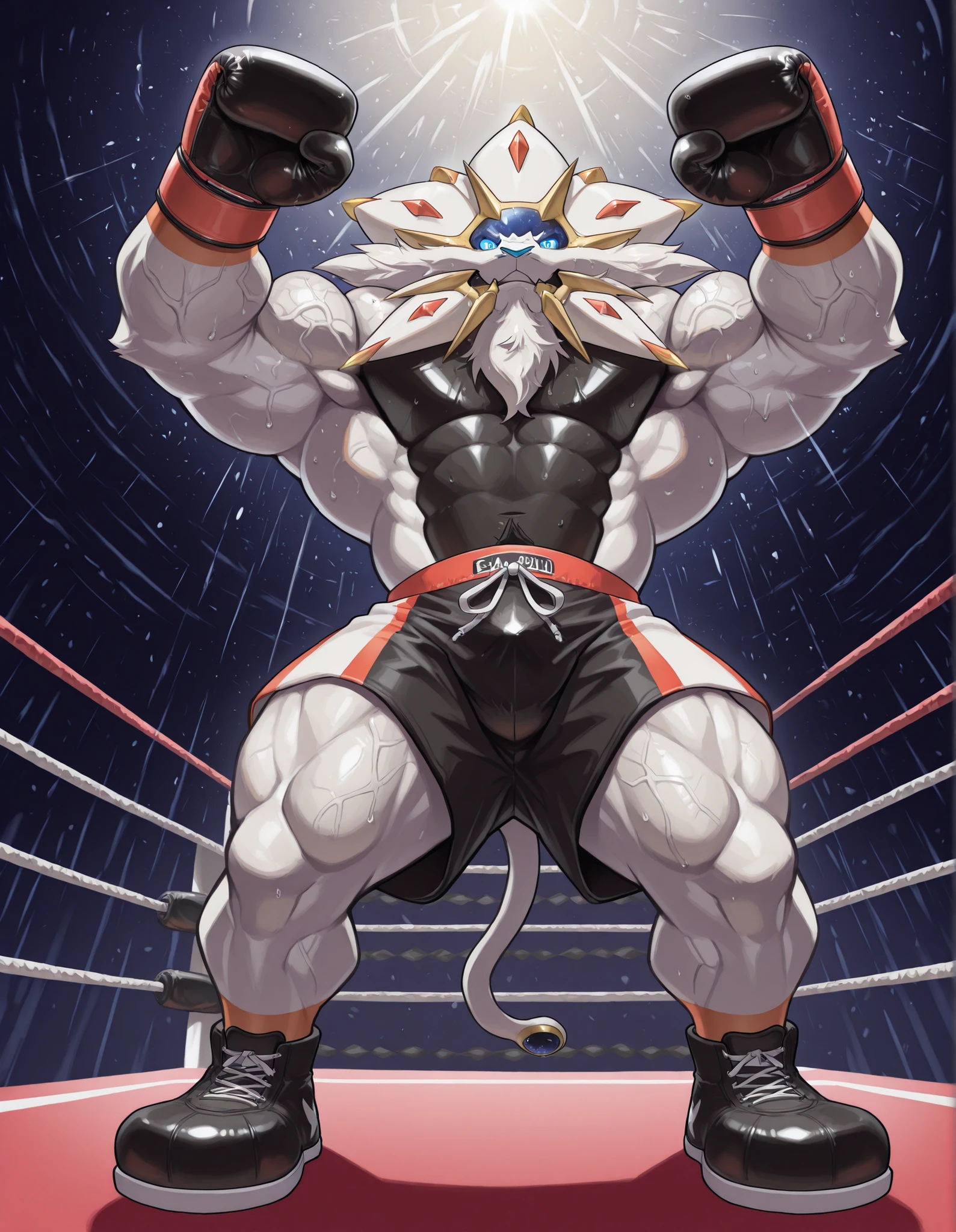 Solgaleo, anthro male, high quality, full body, looking down at viewer, looking up from directly below, solo, boxing ring background, red boxing gloves, thick very veiny arms, rugged muscles with protruding veins, black boxing shorts, black boxing shoes, the greatest boxing champion, glistening fur, sweaty, stern expression, steam, heavy breathing, stern eyes, gear up with fighting spirit, shirtless, straight legs, A manly victory pose with his arms raised high and his chest held high, b0xingp0v