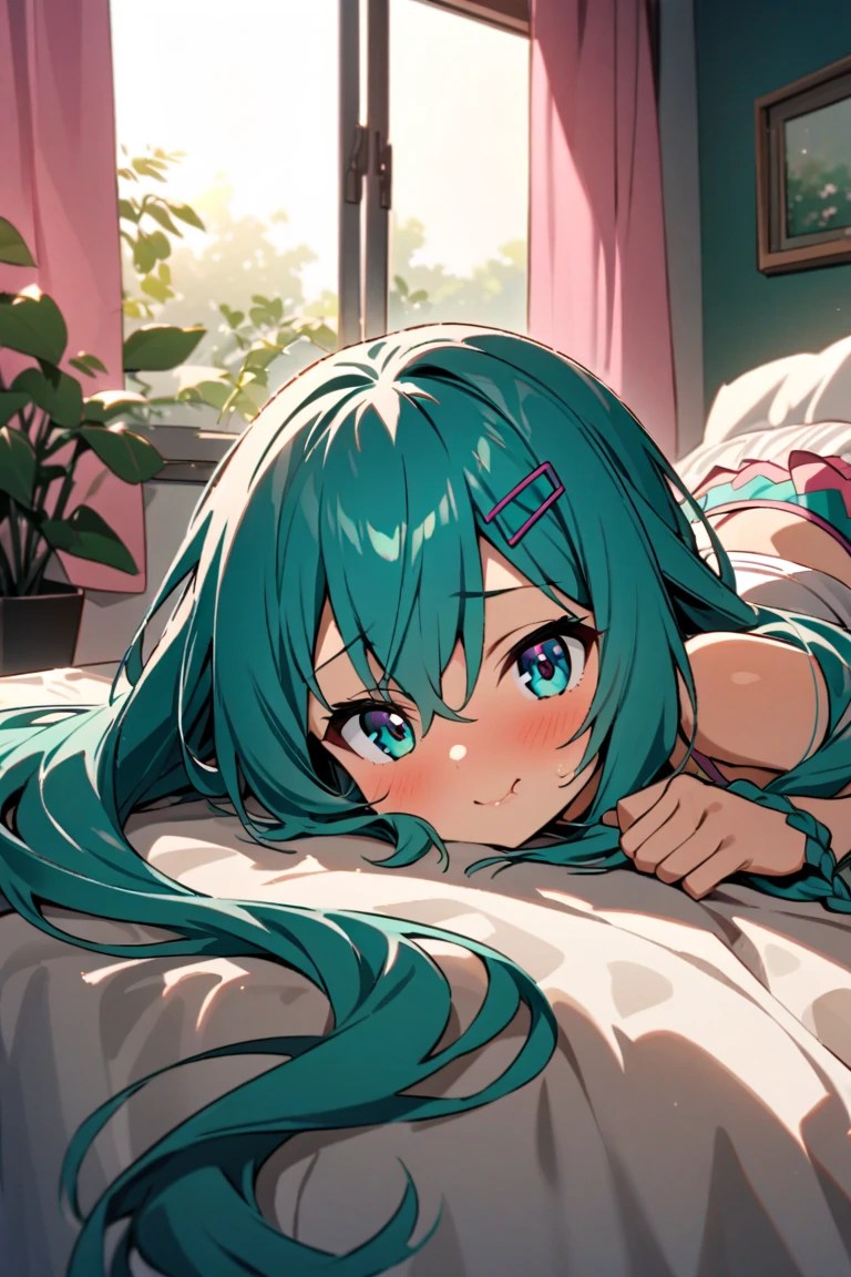 Hot summer，Hatsune Miku who wakes up early in the morning，Paralysis of heat at home，The rising sun shines into the room from the upper left，green long hair，greene eyes，Long eyelashes，She was lying on the waterbed，Although with the fan on，But it's still hot，There is sweat on the body，There are green fans，swim ring