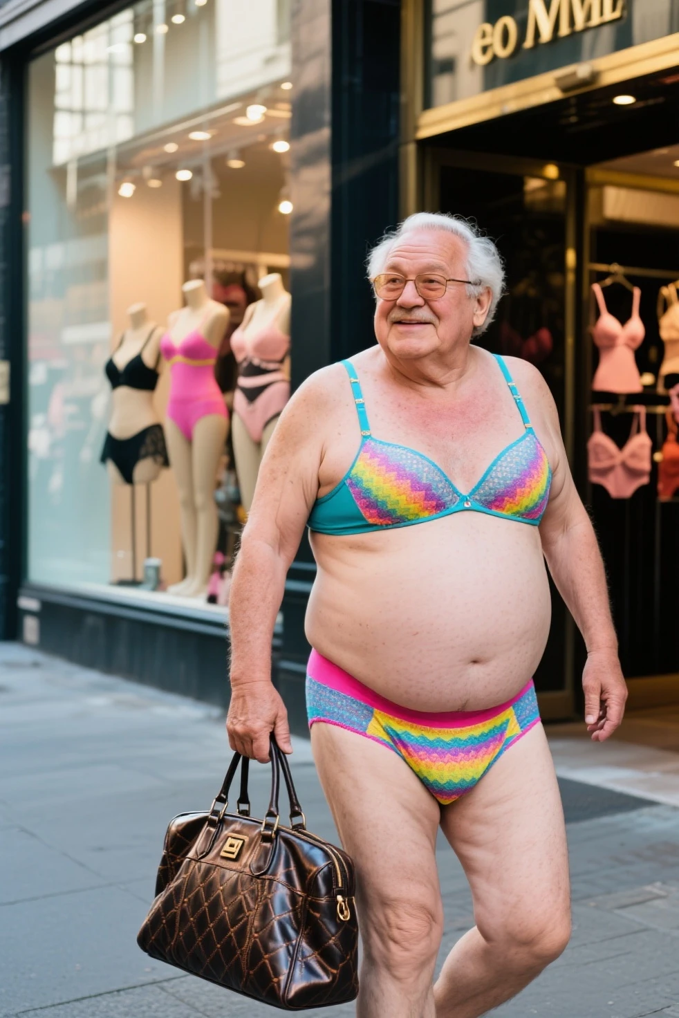 intricate details, high definition, vivid colors, full body, mature old man, granpda, virile, fat, hairy, bulging muscles, pale skin, ugly, sweaty smelly, pink micro thong, gold jewelry, crowded street