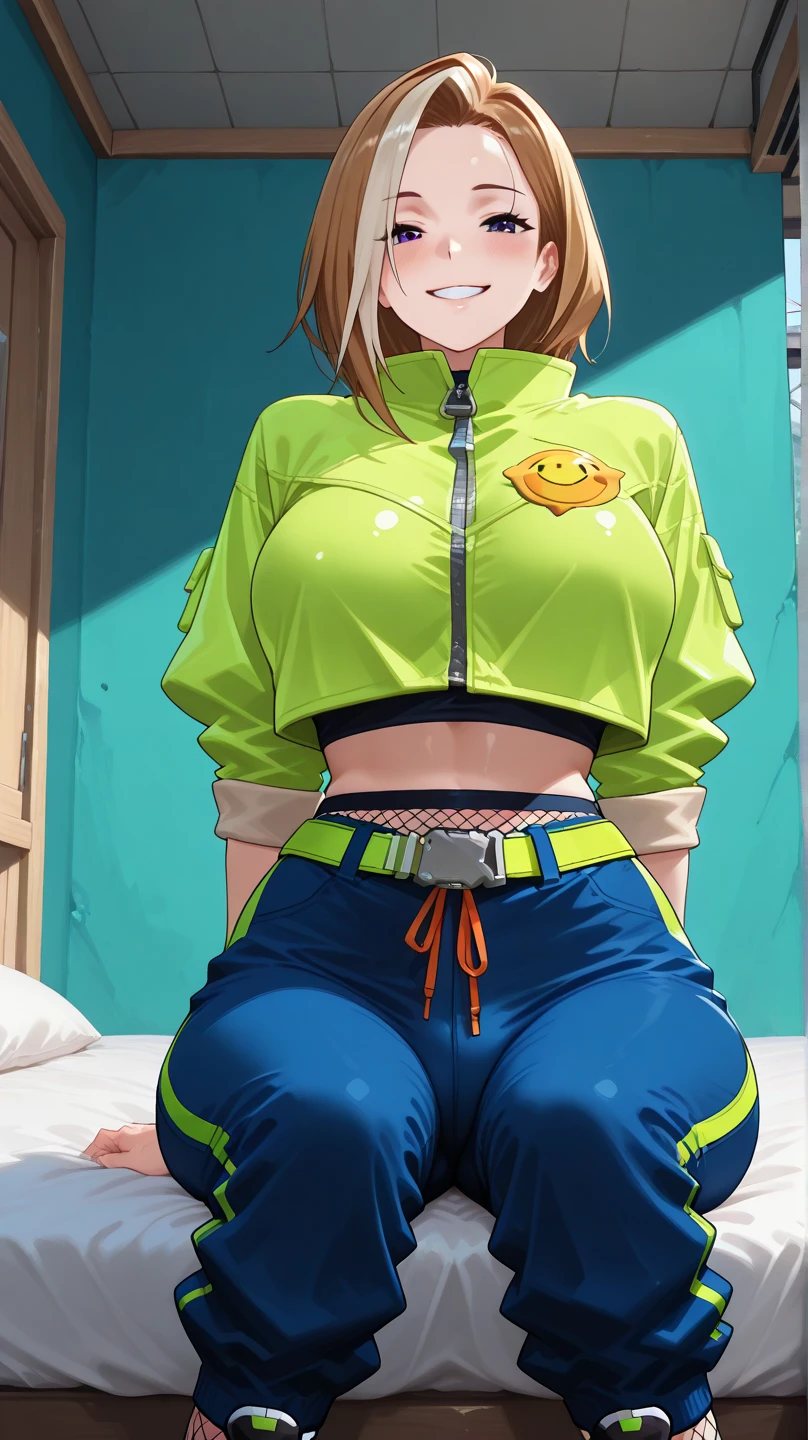amicia michella - nijisanji, 1girl, (((bimbo))), brown short hair, yellow inner hair, wavy hair, green eyes, (((bimbo))), thin lips, painted lips, shy smile face, wide hips, thick thighs, huge round ass, shiny oily breasts, casual clothes, full body, bed, prone pose, nsfw