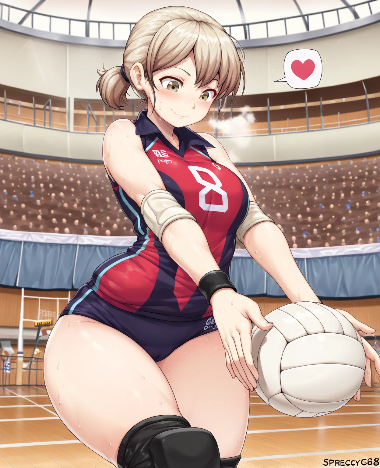 unity 8k wallpaper, anatomically correct, (((masterpiece))), (((best quality))), (((ultra detailed))), (((high-resolution))), ((super fine illustration)), ((Ultimate cutie)), perfect hands, perfect finger, (((good anatomy))), detailed beautiful face, shiny hair, (((gyaru))), (potbelly), (curvy), medium breasts, ((Thick thighs)), (((solo))), ((seductive smile)), (((blush))), (half open mouth),
BREAK, (((sit astride the perfectly spherical shape 6-inch volleyball))), (((Straddling a perfectly spherical 6" volleyball))), (((Perfectly spherical 6" volleyball fits perfectly crotch))), BREAK, (((Rub the Perfectly spherical 6" volleyball against crotch))),
BREAK, (Collared volleyball uniforms), sleeveless, ((buruma)), ((kneepad)), pussy juice stained, (elbow pad), (((sweat))), (((covered in sweat))), ((deep breathing)), in Volleyball Court, indoor, lighting, looking at viewer, full body, (spoken heart)