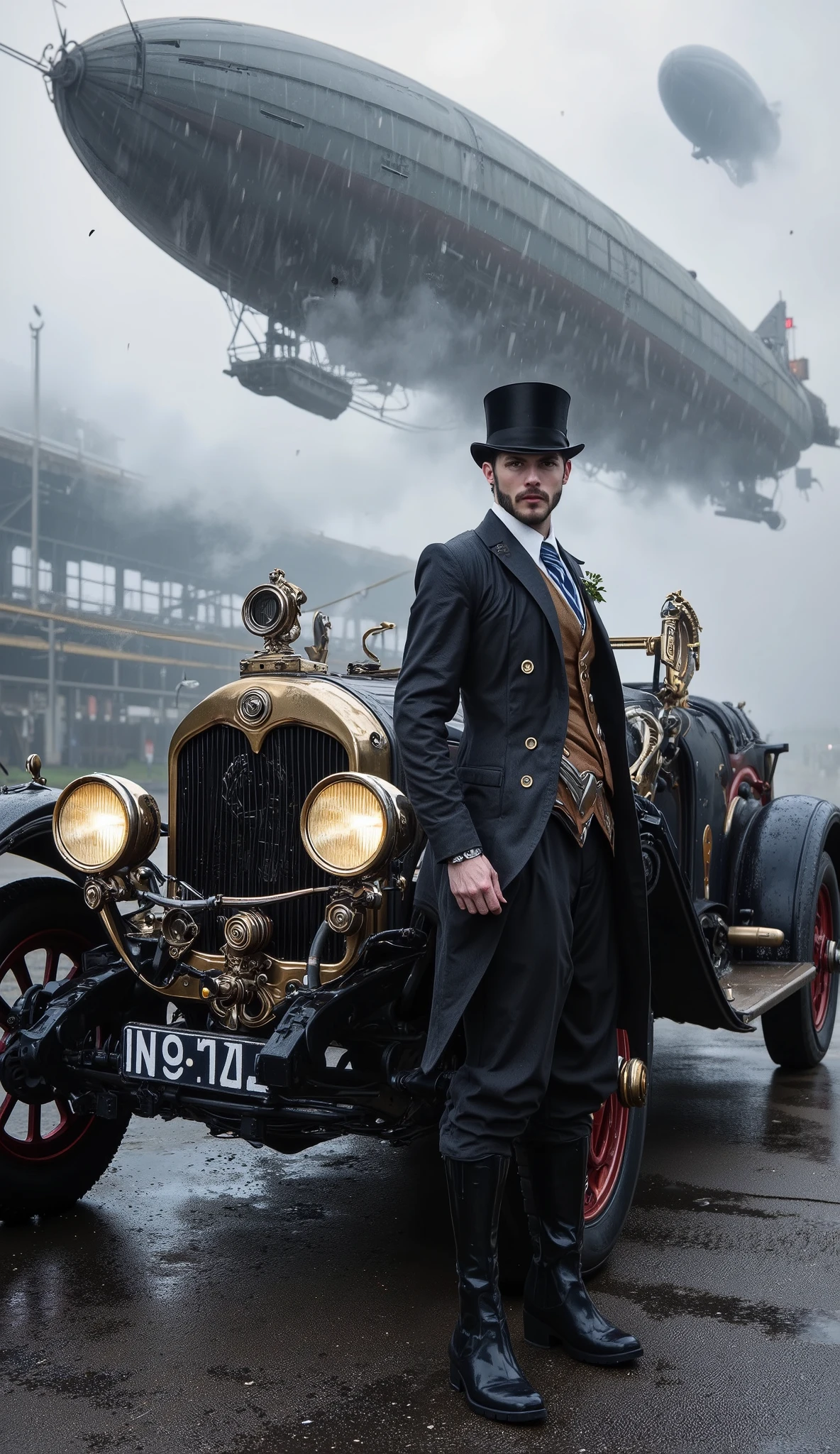 A handsome and charming steampunk man in front of a vintage steampunk car on a wet and foggy steampunk racetrack (London, 1890) In the sky, airships, flying like ghostly figures in the clouds and fog