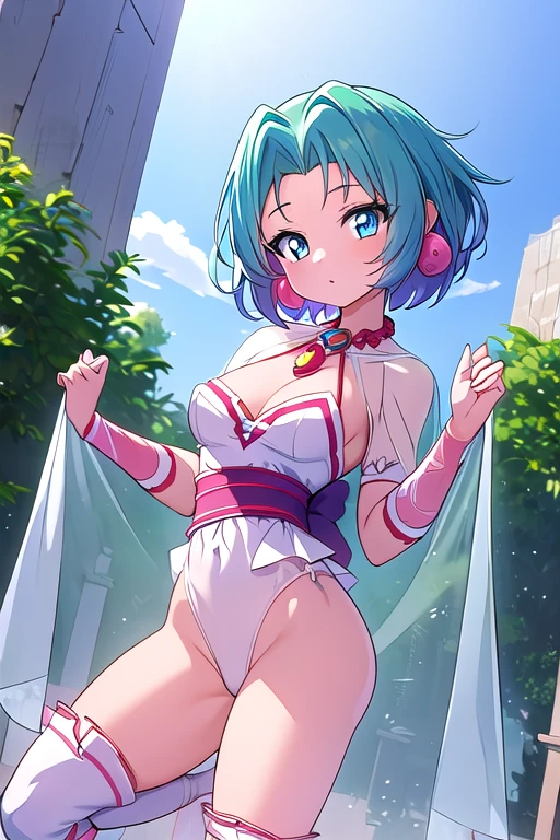 (masterpiece, best quality, detailed), 1girl, solo, cowboy shot, tatsumaki, outdoors, rooftop, day, cityscape, blue sky, cloud, scenery, railing, closed mouth,
magical girl, twintails, white choker, white thighhighs, earrings, elbow gloves, heart brooch, pink bow, midriff